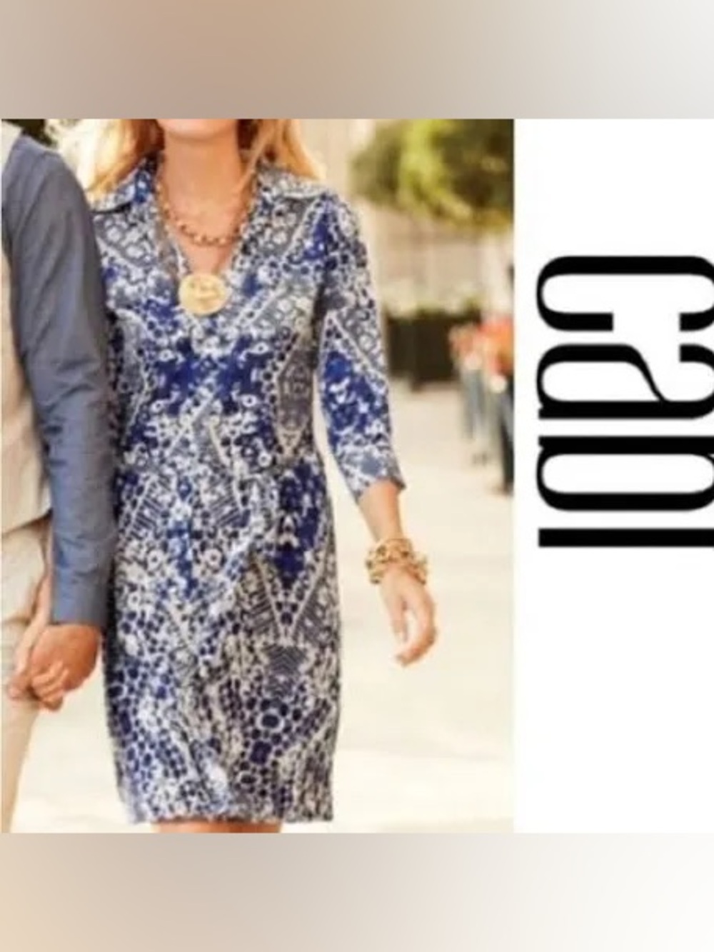 CAbi 422 Blue & White Jewel Print Shirt Dress